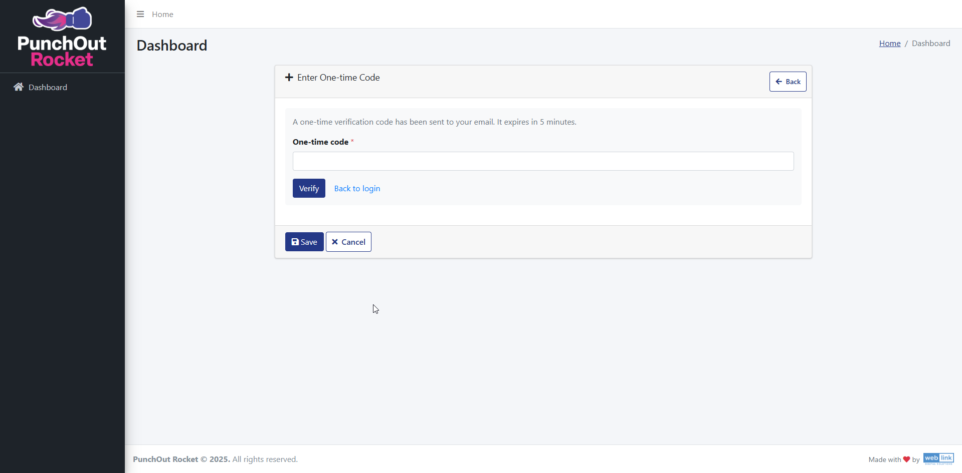 Login dashboard for PunchOut Rocket displaying one-time code verification. Enter code to proceed.