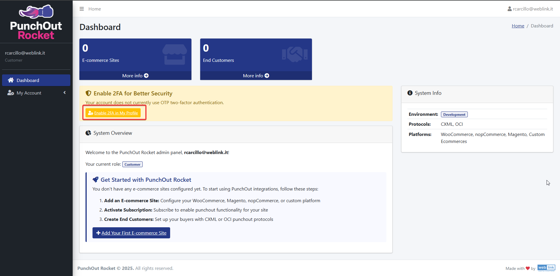 PunchOut Rocket dashboard displaying user information and e-commerce site setup instructions. Enable 2FA for security.