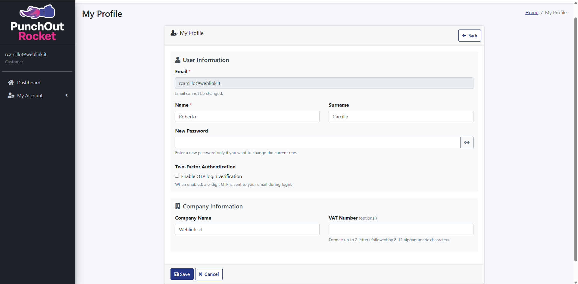 User profile screen of PunchOut Rocket showing personal and company information fields, including email and authentication options.