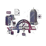 Illustration of a digital marketing concept featuring buildings, shopping cart, and data symbols with a bridge.