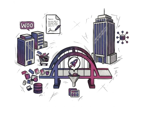 Illustration of a digital marketing concept featuring buildings, shopping cart, and data symbols with a bridge.