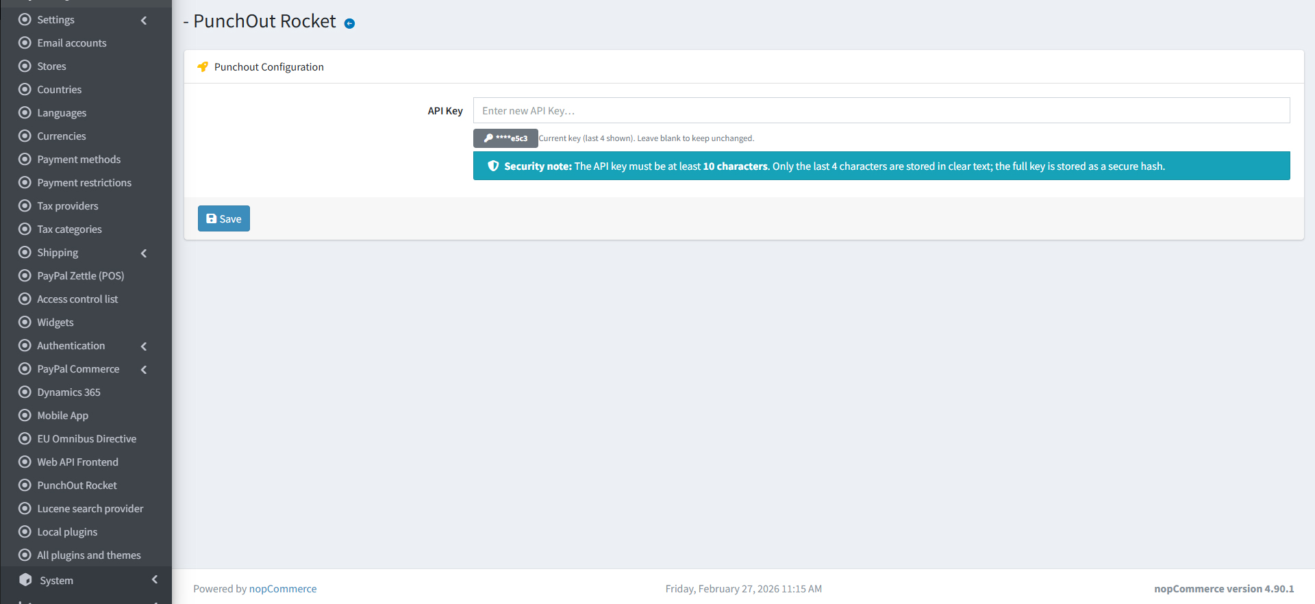 Klucz API Zrzut ekranu strony konfiguracji PunchOut Rocket pokazujący pole wprowadzania klucza API i notatkę bezpieczeństwa.