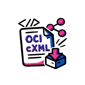 Graphic illustrating OCI cXML format with a document and download symbol, representing data exchange.