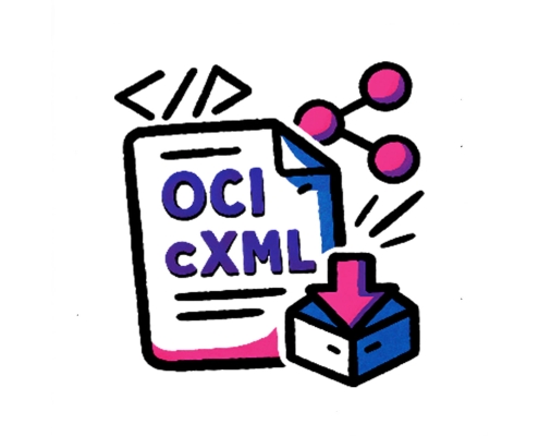 Graphic illustrating OCI cXML format with a document and download symbol, representing data exchange.