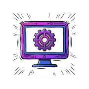 Illustration of a computer monitor with a gear symbol, representing technology and settings.