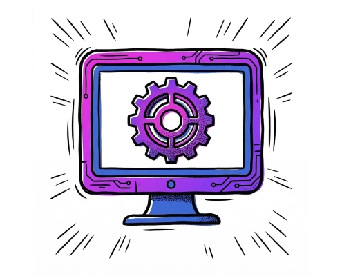 Ilustración de un monitor de ordenador con un símbolo de engranaje, que representa la tecnología y la configuración.