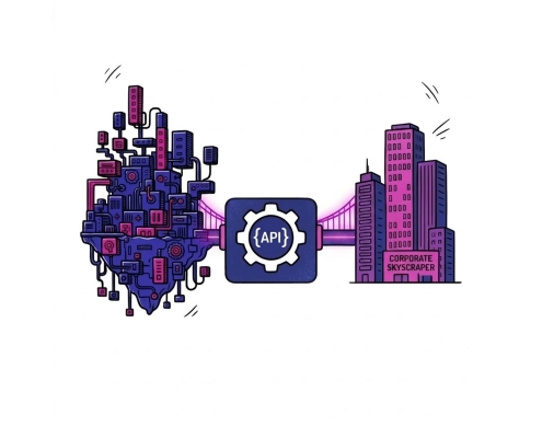 Ilustración de una API que conecta un paisaje urbano digital con un rascacielos corporativo, simbolizando la integración de datos.