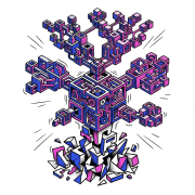 Abstract digital art featuring colorful 3D cubes and geometric shapes exploding upward.