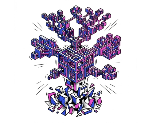 Abstract geometric design with vibrant pink and blue colors, featuring blocks emerging from a cracked surface.