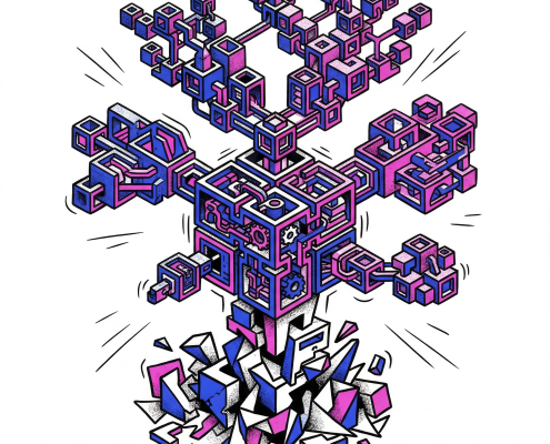 Abstract digital art featuring colorful 3D cubes and geometric shapes exploding upward.