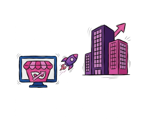 Illustration of an online store launching a rocket, symbolizing business growth and digital transformation.