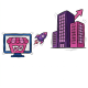 Illustration of a computer screen with an online store and a rocket symbolizing growth toward a skyscraper.