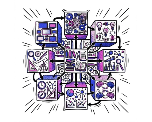 Infografía colorida que representa campos interconectados de ciencia, tecnología, educación e innovación.