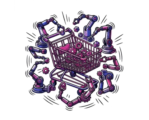 Brazos robóticos interactúan con un carrito de la compra lleno de engranajes, simbolizando la automatización en el comercio electrónico.