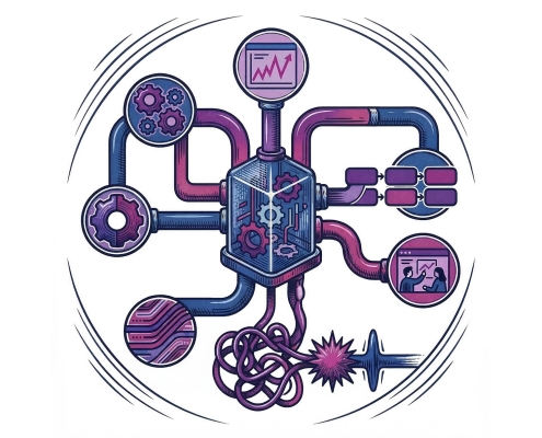Ilustración colorida de engranajes y gráficos interconectados que representan la integración de datos y la tecnología.