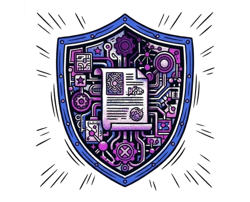 Diseño de escudo digital con un documento y circuitos, simbolizando la protección de datos y la ciberseguridad.