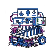 Ilustracja cyfrowego interfejsu przedstawiająca elementy e-commerce, koła zębate i pracownika montującego elementy, symbolizująca automatyzację.