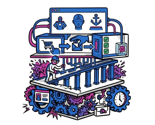 Ilustración de una interfaz digital que muestra elementos de comercio electrónico, engranajes y un trabajador ensamblando artículos, simbolizando la automatización.
