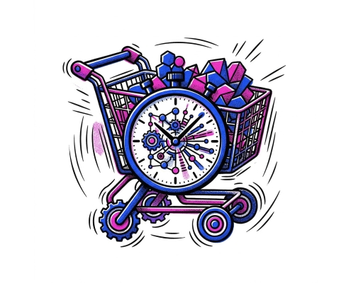 Ilustración colorida de un carrito de la compra con un reloj, que enfatiza el concepto de gestión del tiempo en las compras.