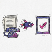 Illustration showing a phone and documents transforming into a rocket heading towards a tablet with a checkmark.