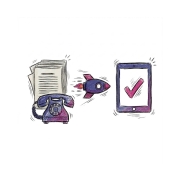 Illustration showing a telephone, documents, a rocket, and a tablet with a check mark, symbolizing modern communication.