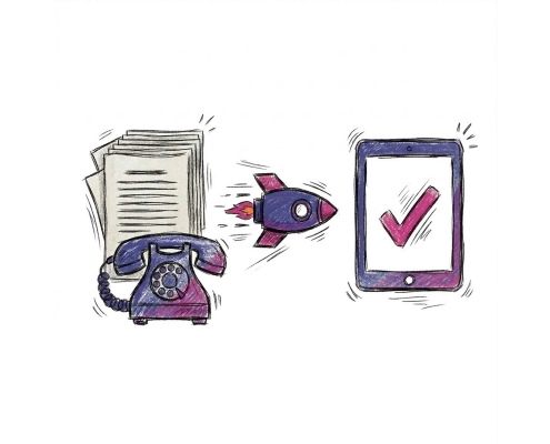 Illustration showing a telephone, documents, a rocket, and a tablet with a check mark, symbolizing modern communication.