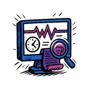 Illustration of a computer screen displaying a heartbeat line, clock, and magnifying glass, symbolizing data analysis.