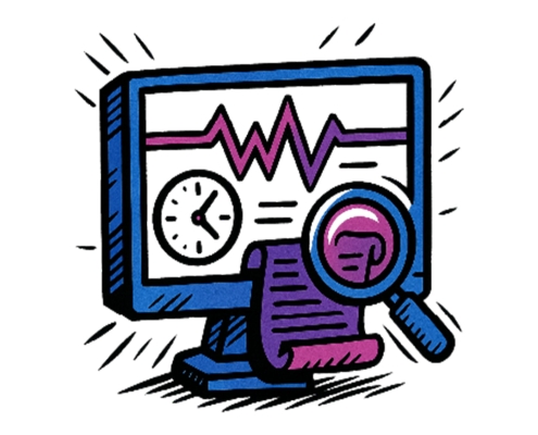 Illustration of a computer screen displaying a heartbeat line, clock, and magnifying glass, symbolizing data analysis.