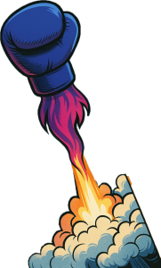 Blue boxing glove launching like a rocket with colorful flames and smoke.