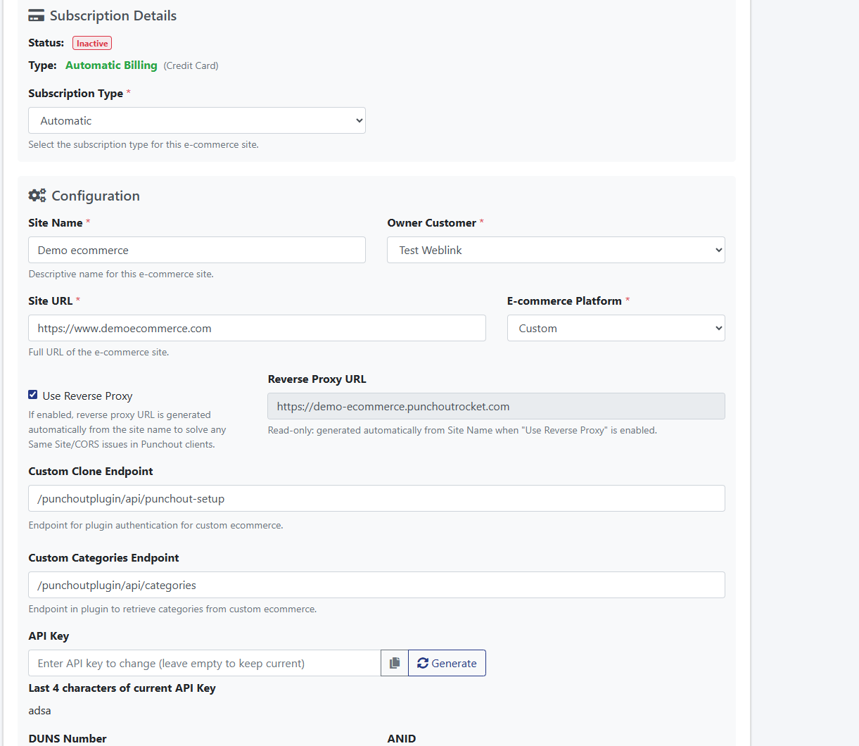 Screenshot of an e-commerce subscription configuration interface, displaying settings for site name and API key.