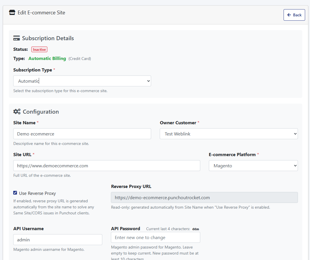 E-commerce site configuration screen displaying subscription details and settings for automatic billing.