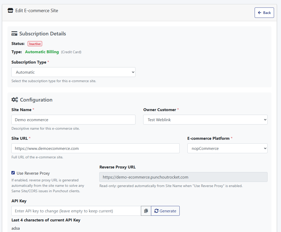 E-commerce site settings page showing subscription details and configuration options.