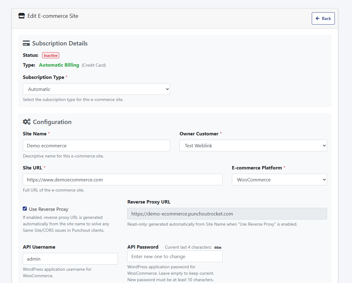 E-commerce site configuration interface displaying settings for subscription, site name, and API credentials.