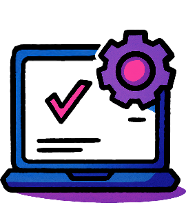 Laptop displaying a checkmark with a gear, symbolizing successful system setup or software optimization.