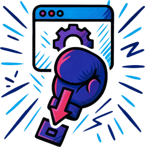 howitworks Punching a file download icon in a browser window with vibrant, comic-style colors and effects.