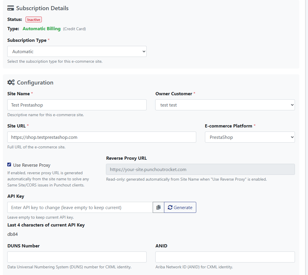 E-commerce platform subscription settings interface with options for site configuration and API details.