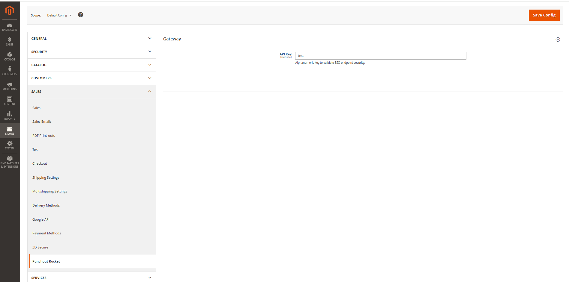 Magento dashboard interface showing API key configuration under Sales settings.