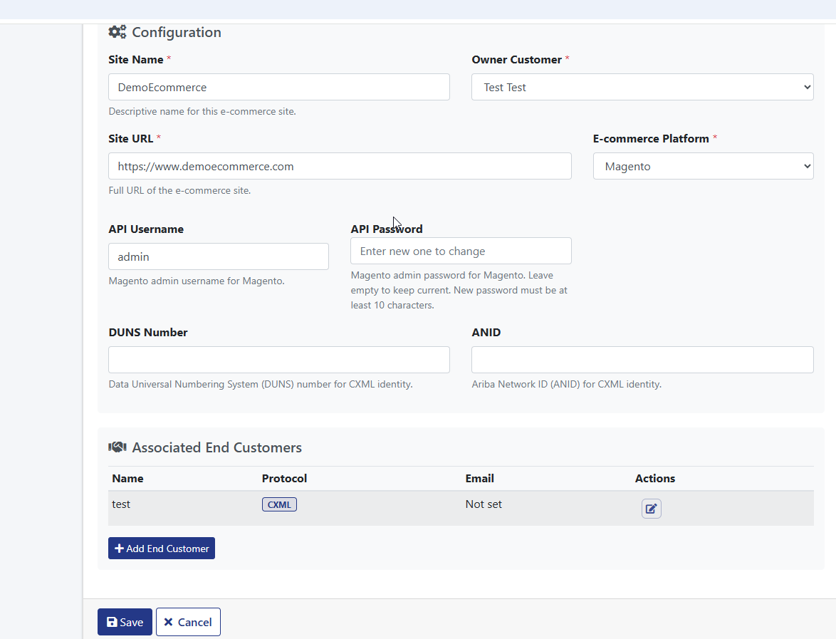 E-commerce site configuration settings for Magento, including API credentials and customer associations.