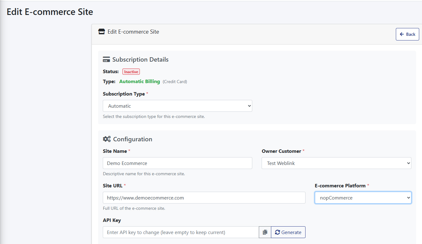 Konfiguracja witryny e-commerce, pokazująca szczegóły subskrypcji i ustawienia automatycznego rozliczania.