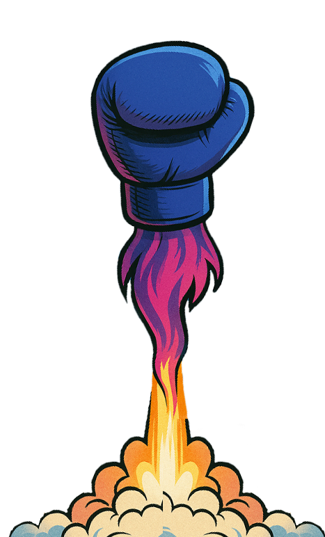 punchout-rocket-mobile Boxing glove launching like a rocket with vibrant flames and smoke.