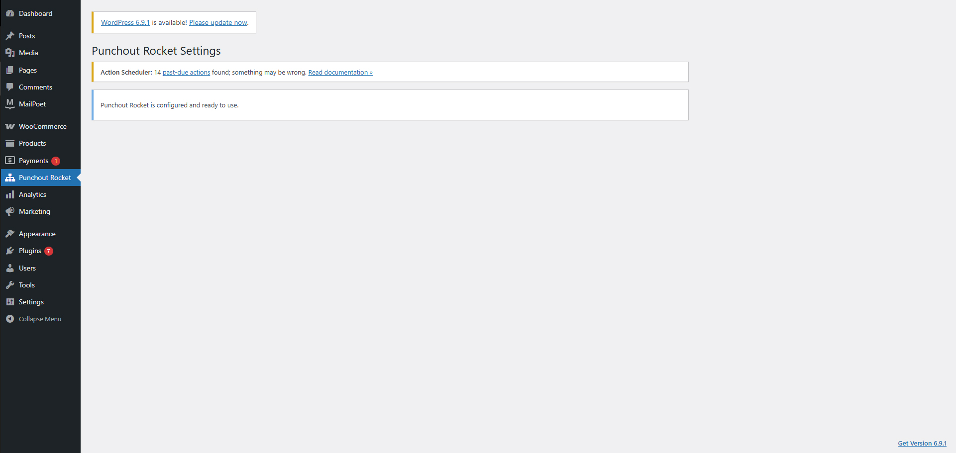 ustawieniawoocommerce Widok pulpitu nawigacyjnego strony ustawień Punchout Rocket w WordPressie, prezentujący opcje konfiguracji.
