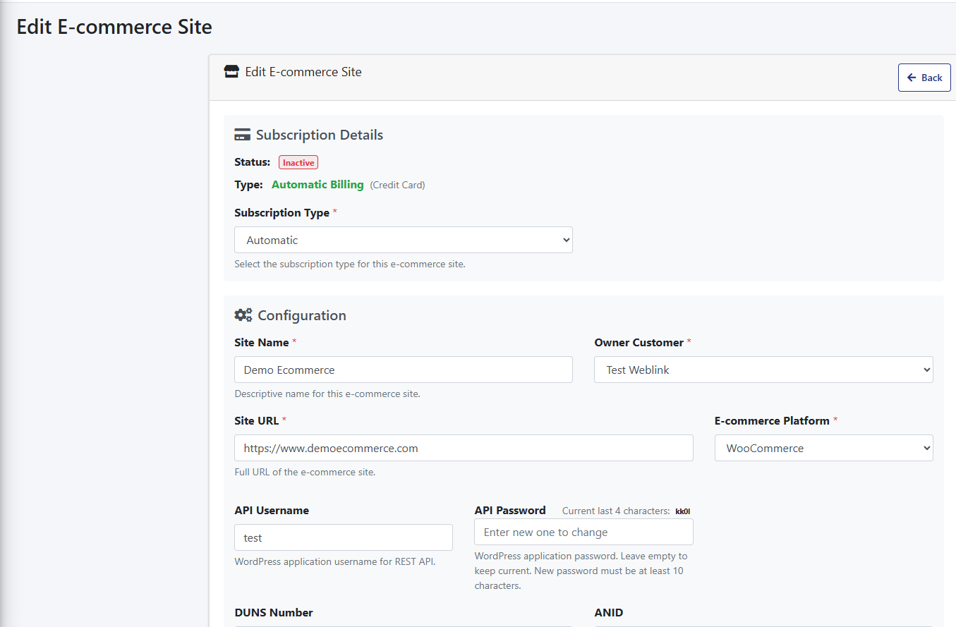 Ekran konfiguracji witryny e-commerce pokazujący szczegóły subskrypcji i ustawienia automatycznego rozliczania.