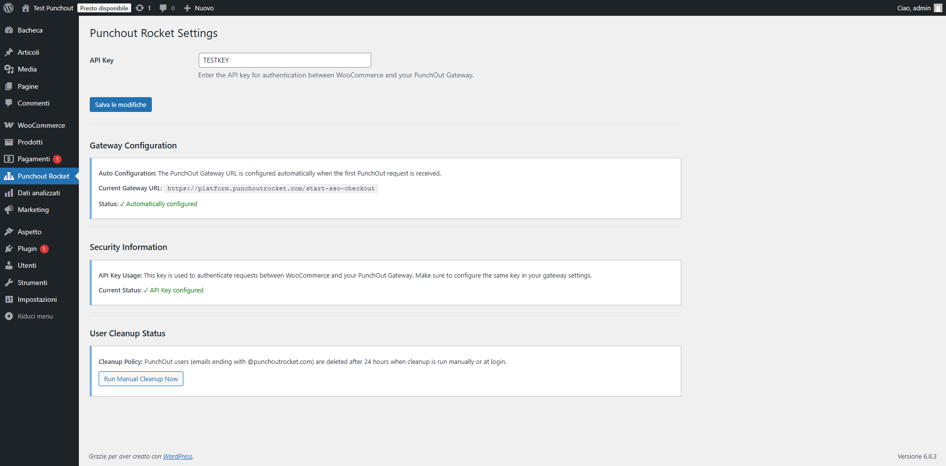 WooCommerce PunchOut Rocket settings page showing API key, gateway, and user cleanup options.